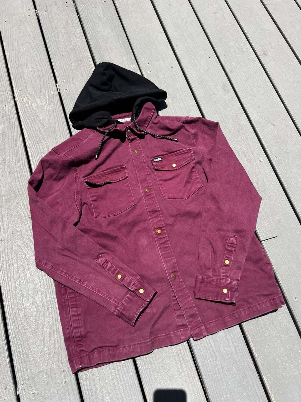 Tony Hawk Maroon Denim Snap-Front Shirt Jacket with Black Hood